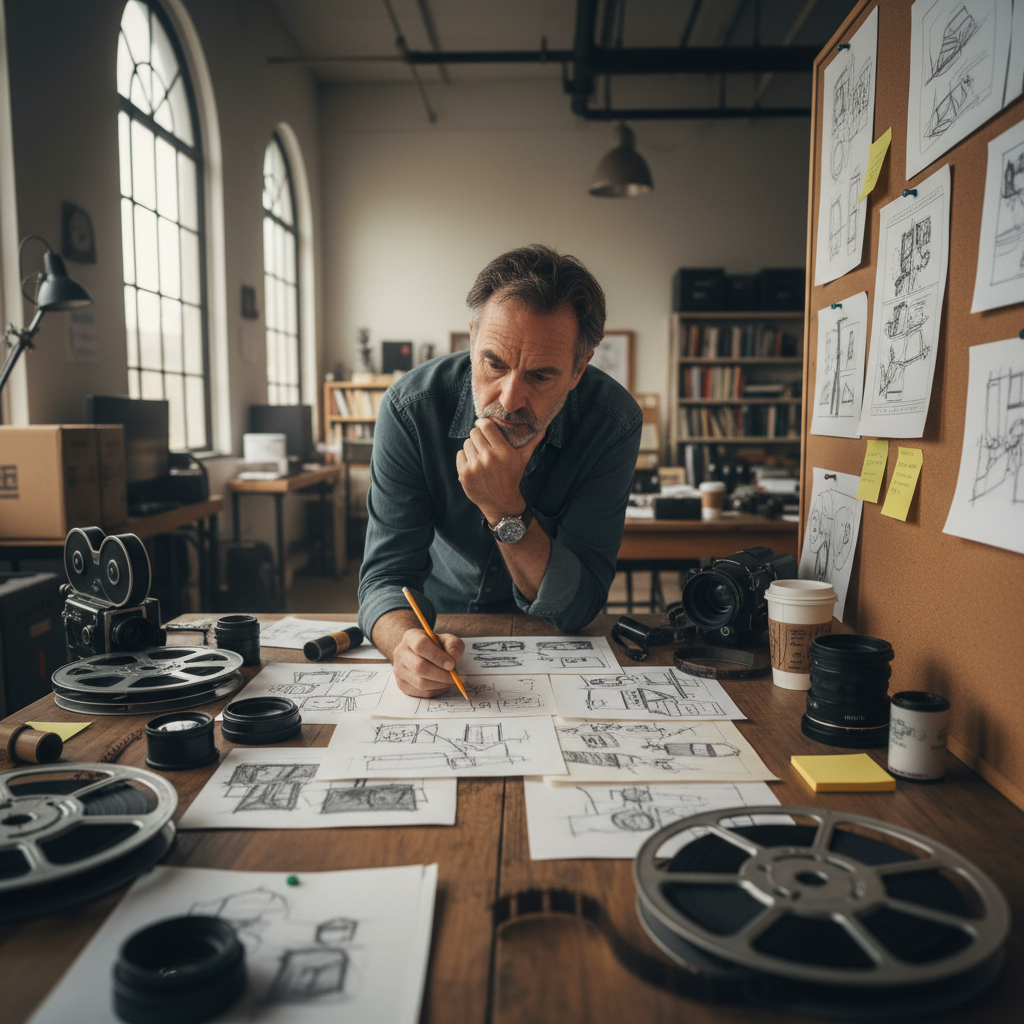 Director reviewing storyboard sketches on a cluttered studio table with film equipment
