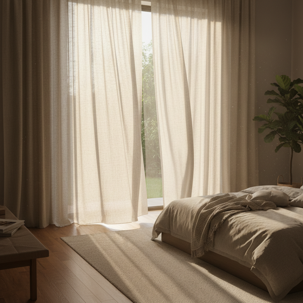 Elegant white linen curtains in a sunlit room being professionally cleaned in place