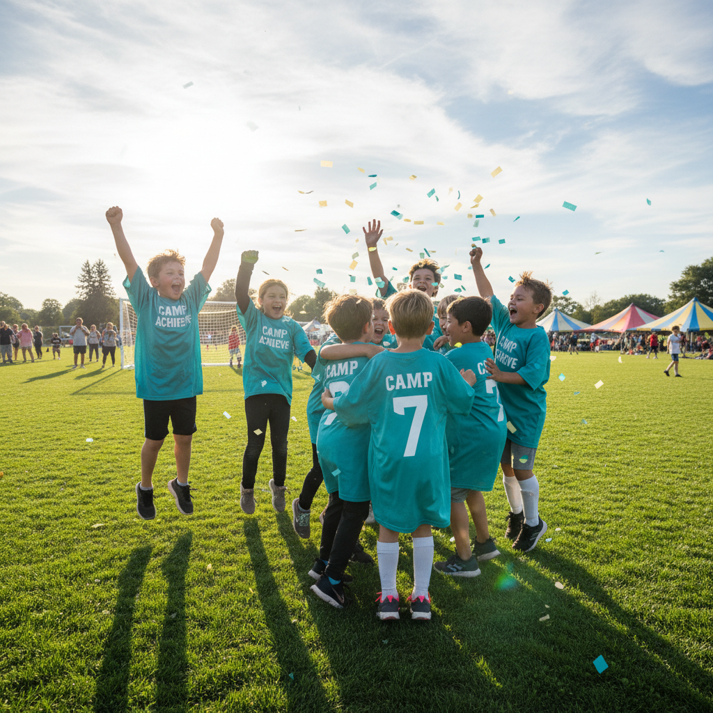 Kids in oversized teal camp jerseys celebrating a goal on the grass field