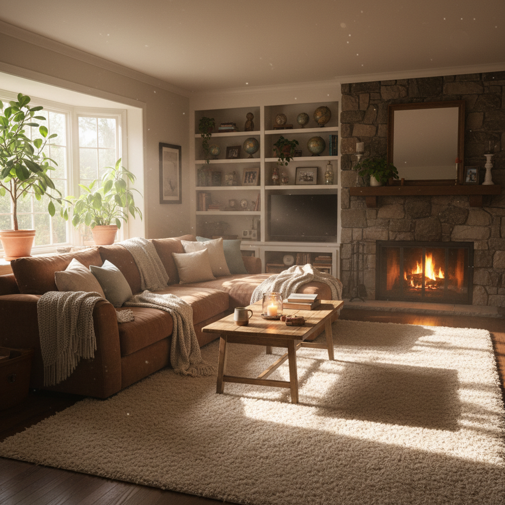 Warm sunlit family home interior with bright natural lighting, comfortable professional setting, clear atmosphere