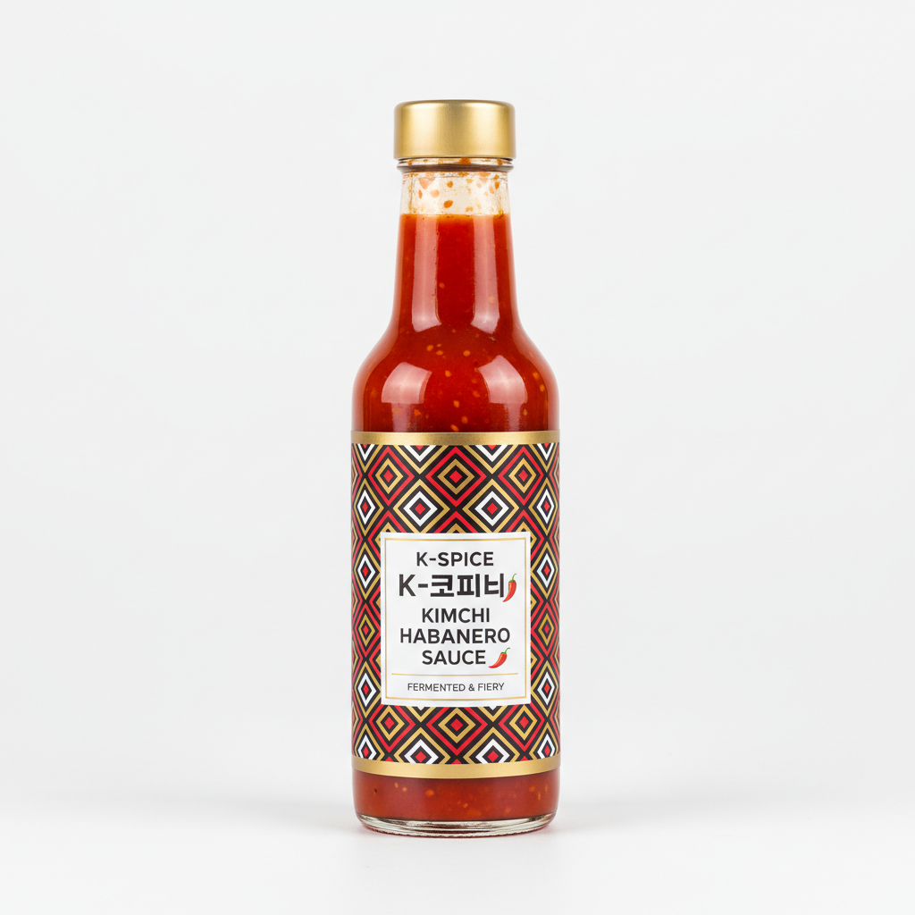 Bright red kimchi habanero sauce bottle with Korean-inspired geometric label design