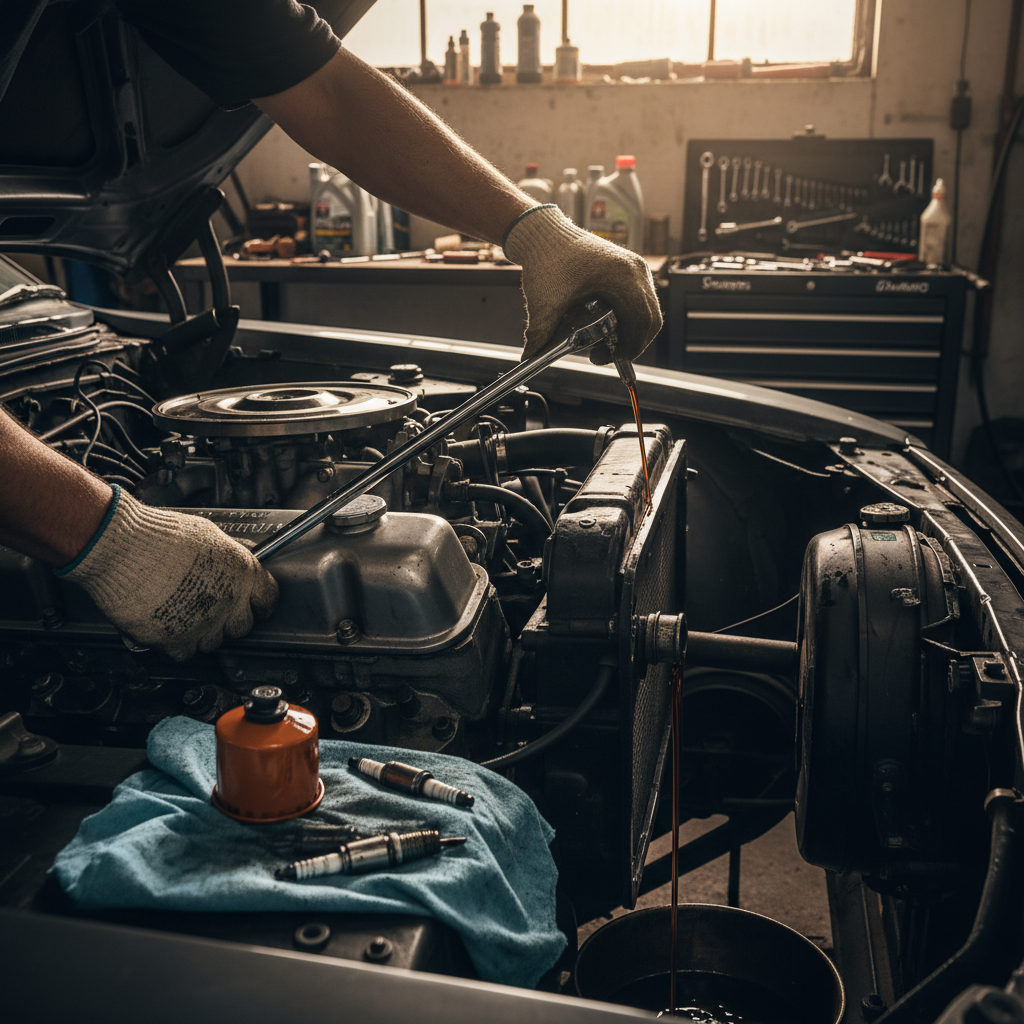 Mechanic performing oil change service on vehicle in clean Phoenix Arizona auto shop, professional service bay with proper tools