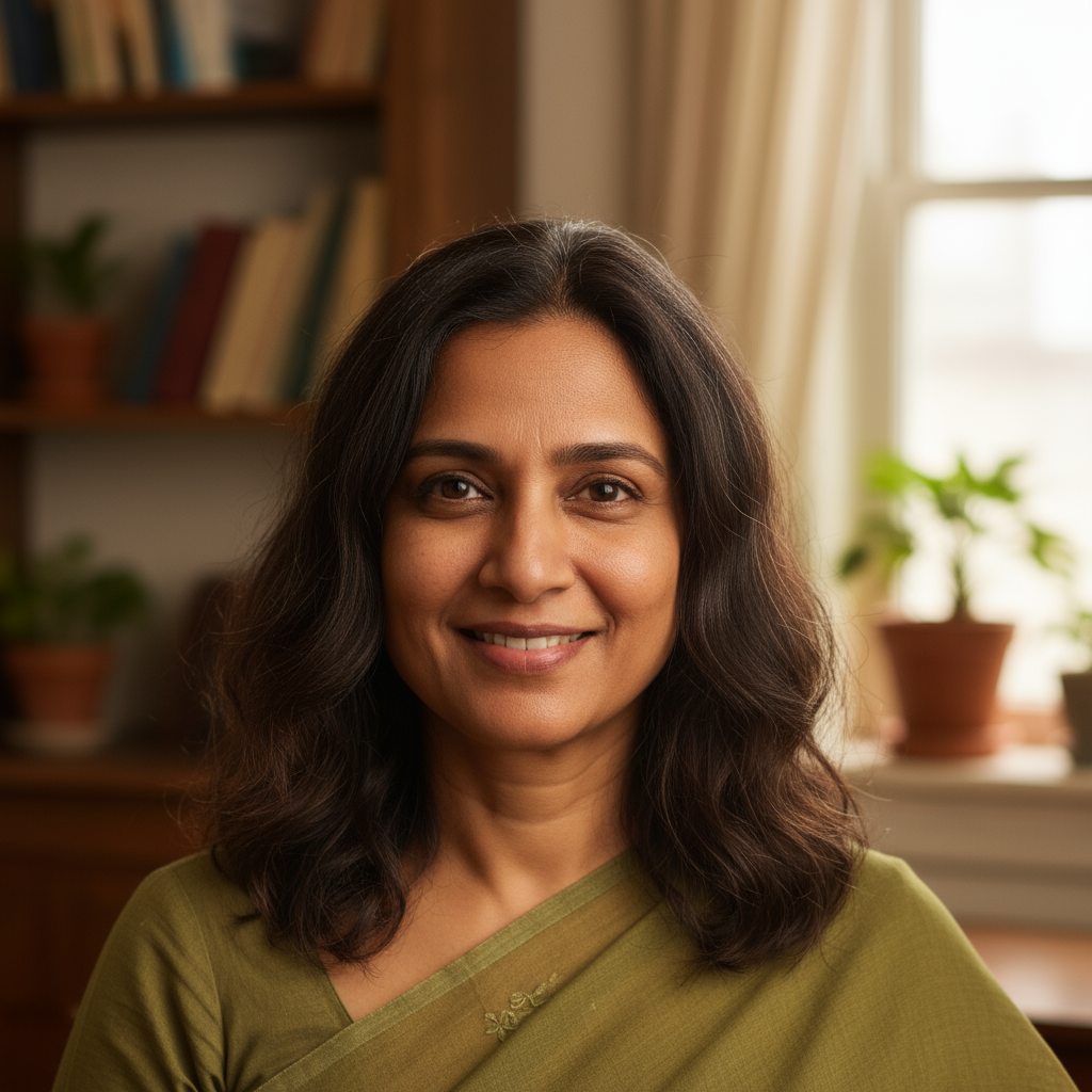 Priya Nambiar, a South Asian woman in her thirties, looking directly at camera with a warm expression