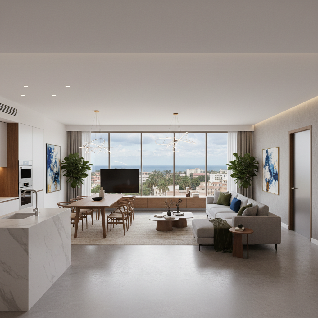 Modern açık planlı salon ve mutfak, geniş pencereler, deniz manzarası