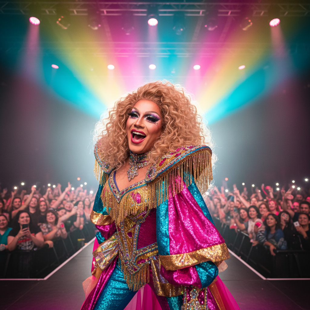 Drag performer in colorful costume on stage with bright stage lights and excited crowd