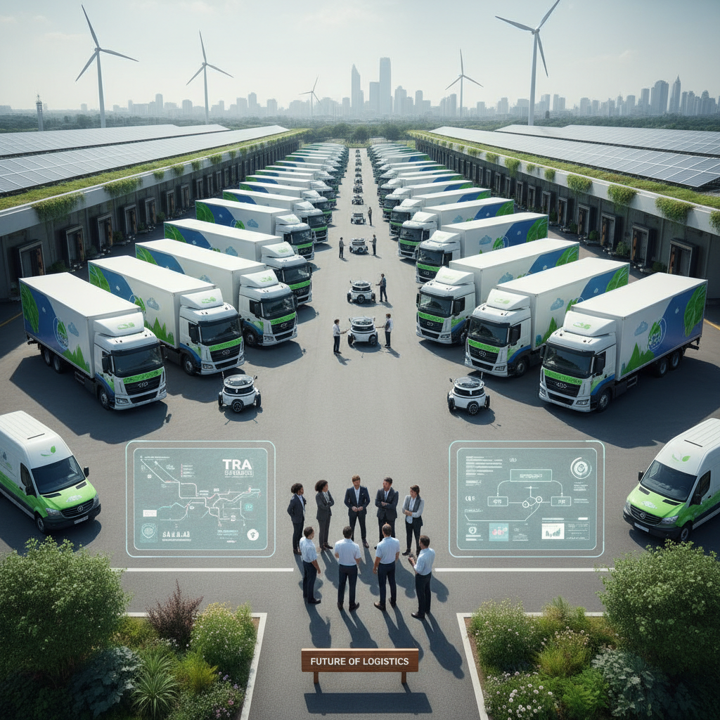 Containerzug und LKW an modernem Güterumschlagterminal