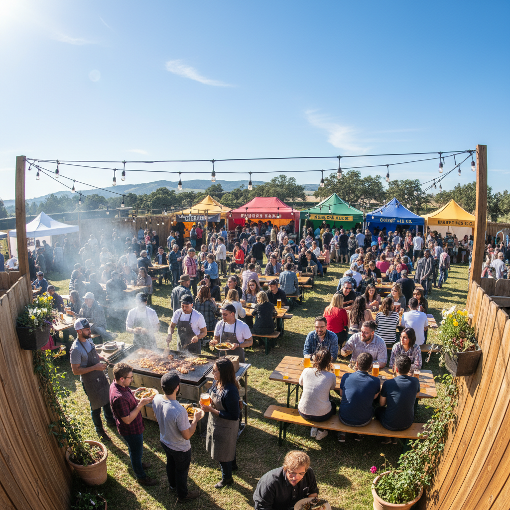 Outdoor brewery pop-up event with Plancha taco stand and happy guests