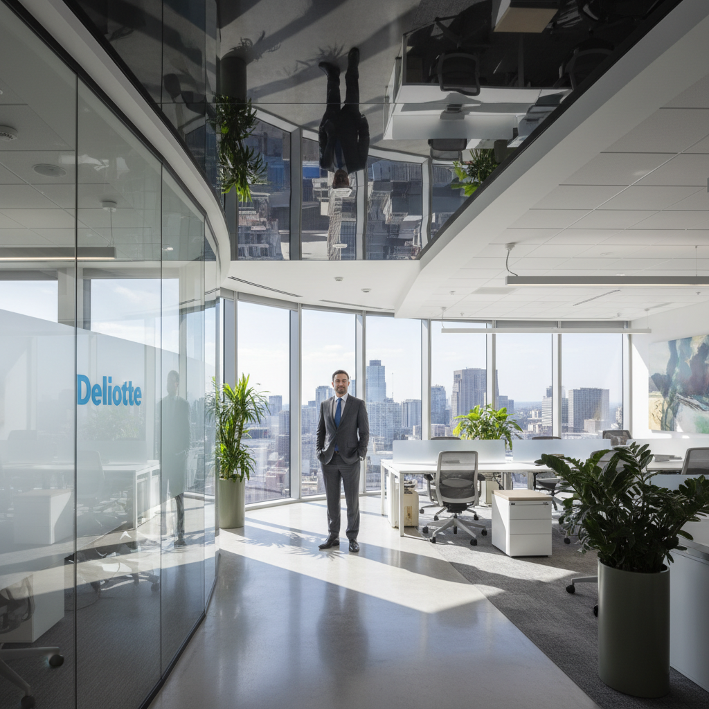 Marcus Webb at Deloitte office, standing in front of glass wall