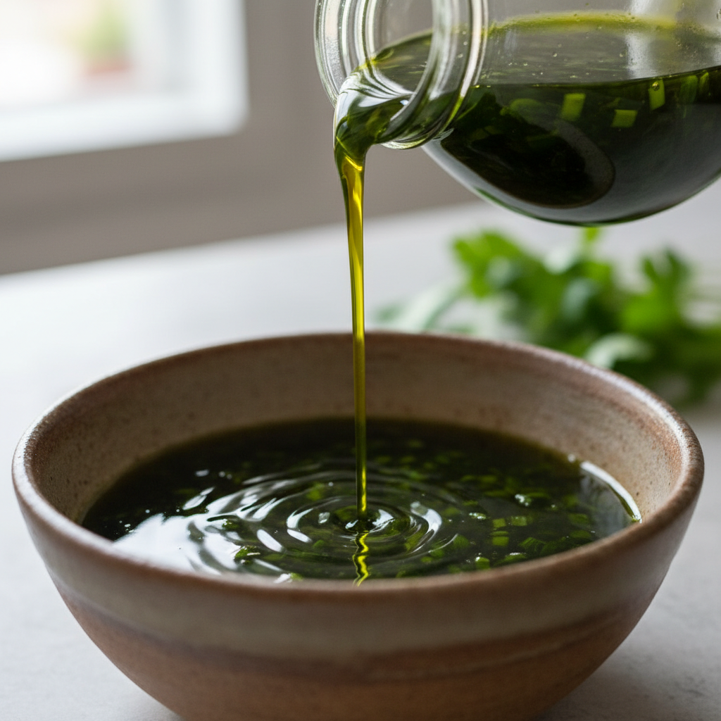 Dark green scallion oil being poured from a glass jar over a ceramic bowl