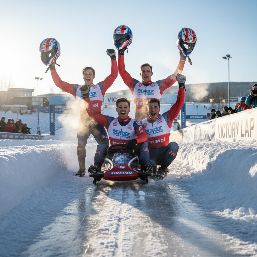 Bobsled crew celebrating at the bottom of the track, helmets off, broad grins, breath visible in cold air, arms raised in triumph