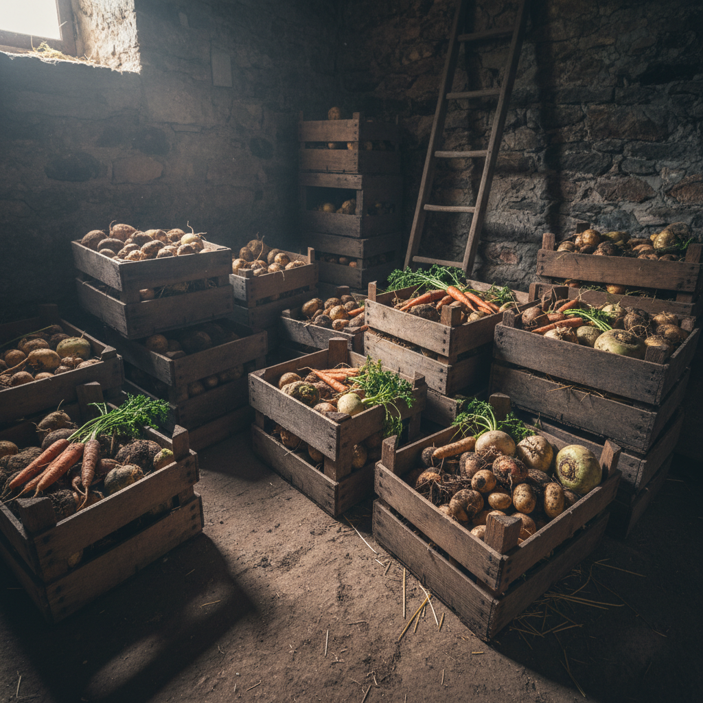 Wooden crates and boxes filled with root vegetables in a cool dark storage area