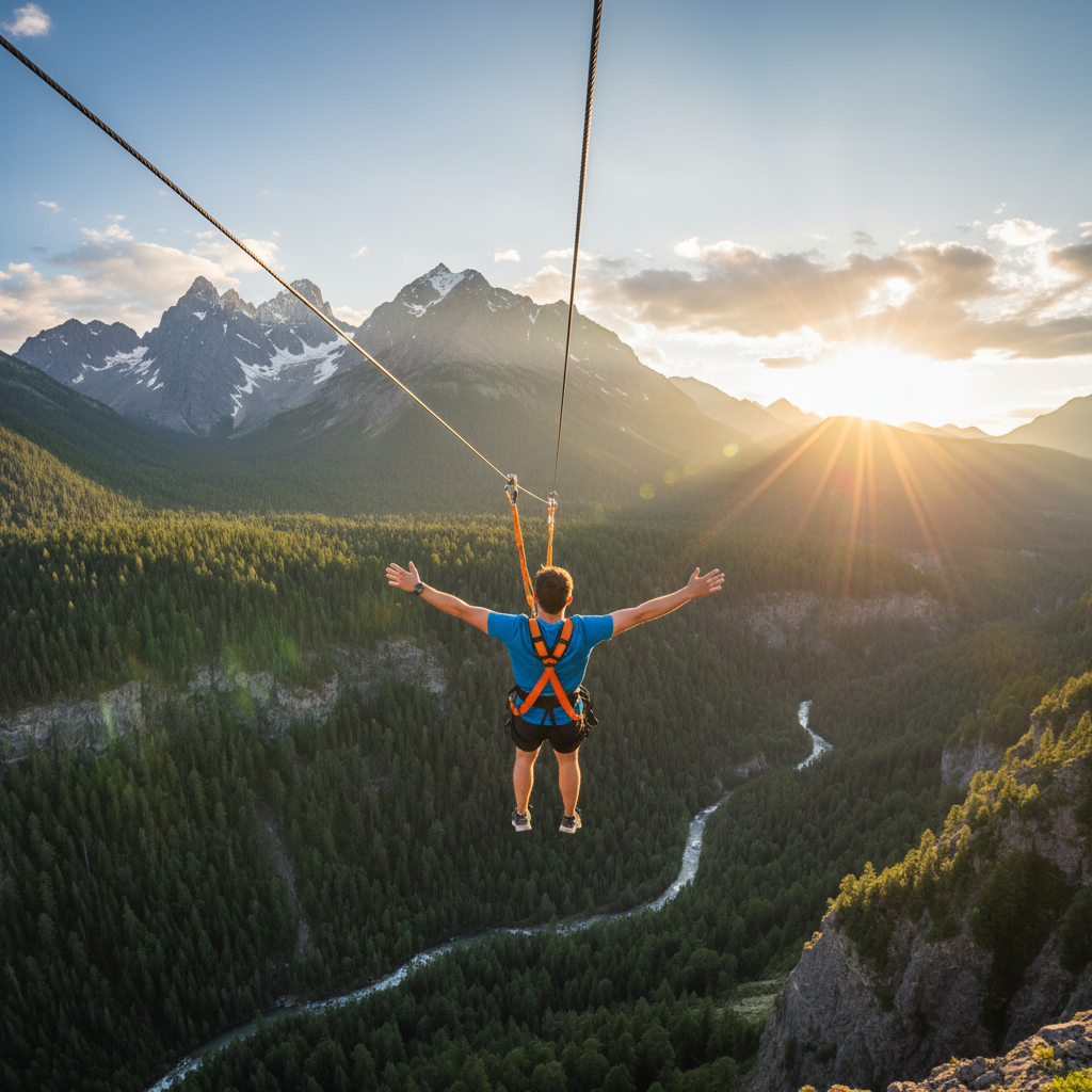 Zip line rider in orange harness flying over mountain valley with arms spread wide