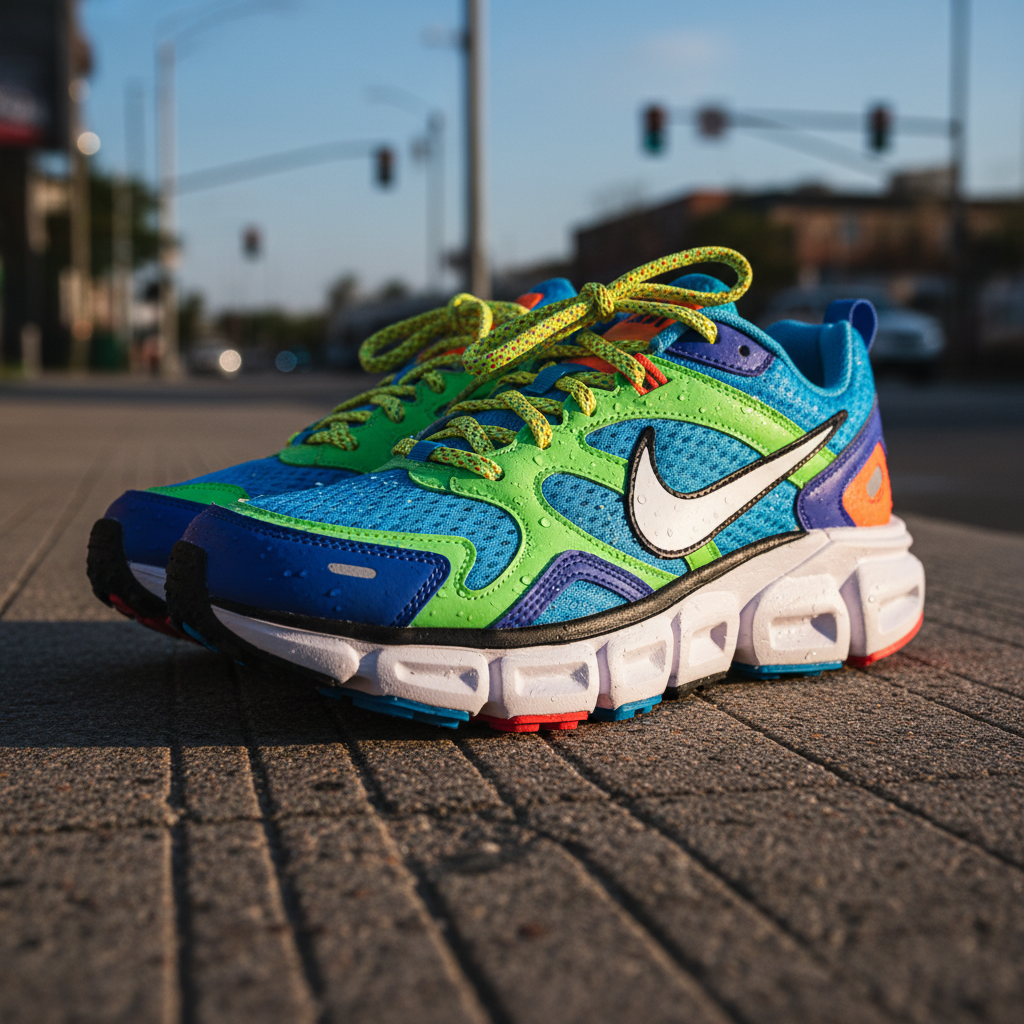 Zapatillas de deporte en movimiento sobre asfalto al amanecer, hombre activo corriendo en entorno urbano, estilo de vida saludable