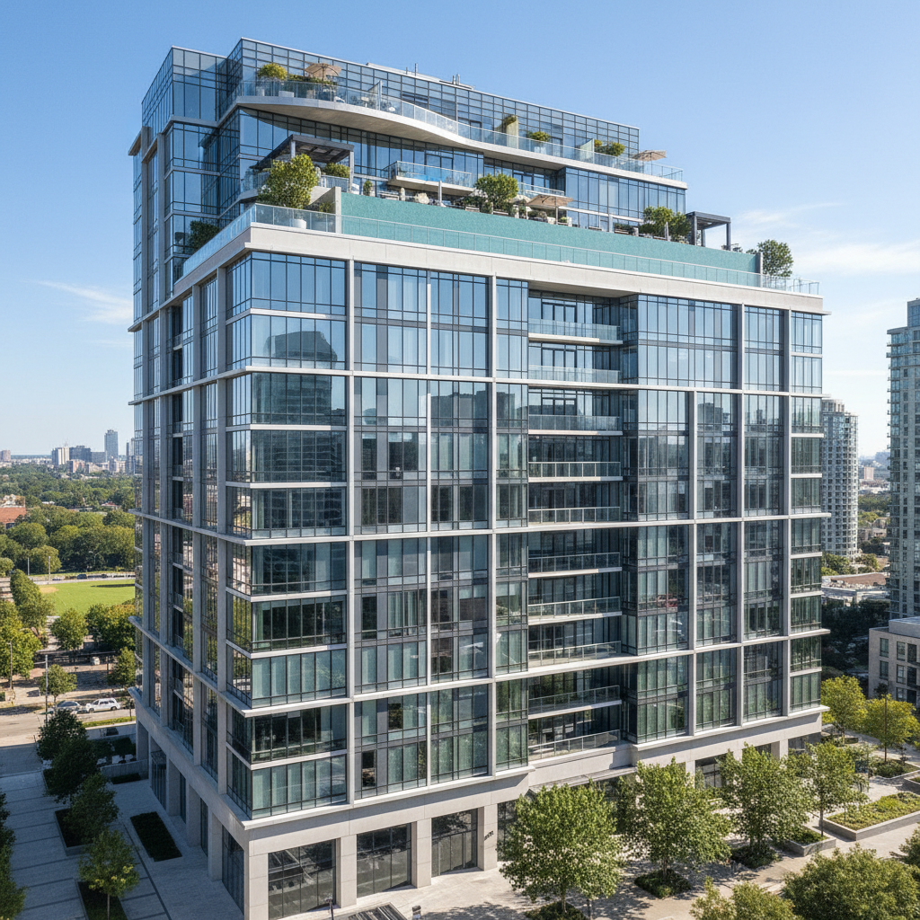 Tall residential tower with panoramic city views and rooftop amenities