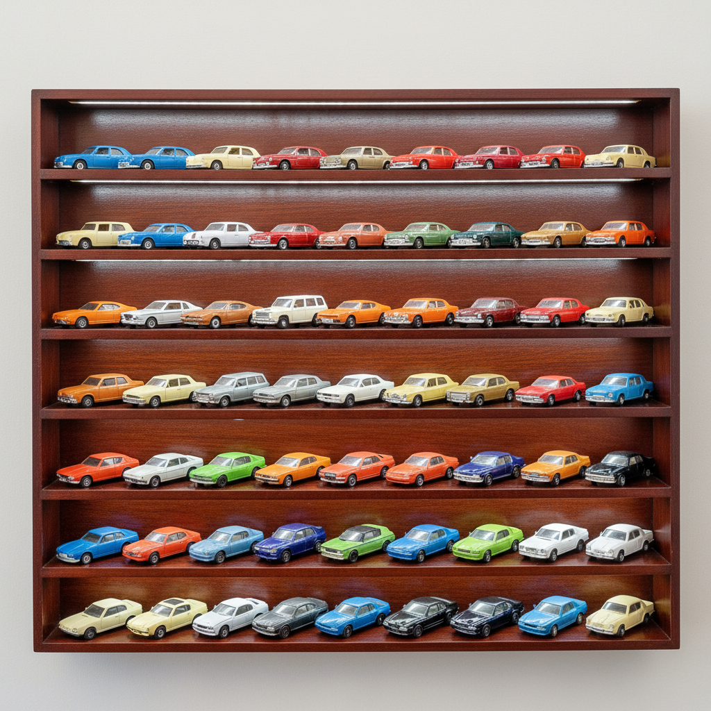 Rows of matchbox cars arranged by decade on wooden collector shelf