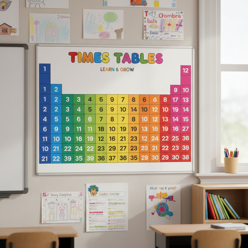 Colorful multiplication table chart pinned on bright classroom wall with decorative border