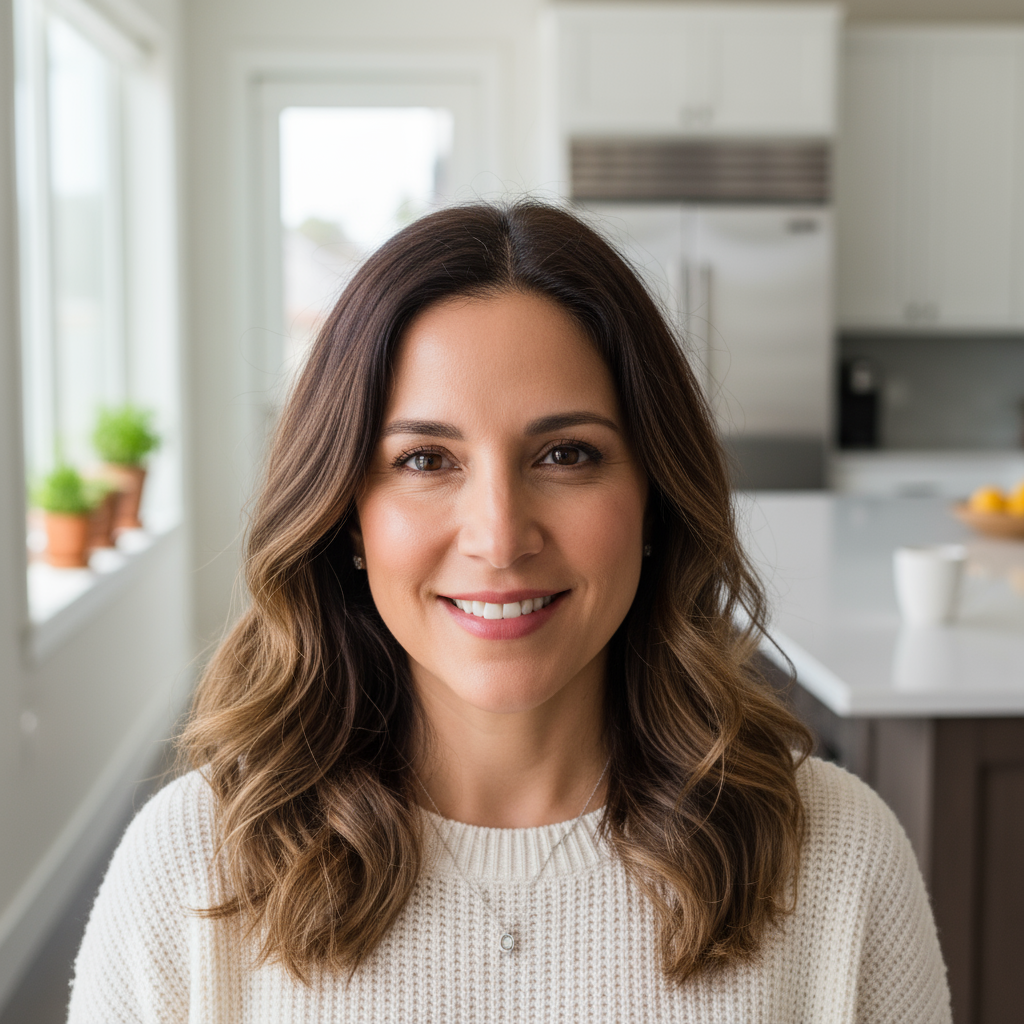 Middle Eastern woman with hijab smiling warmly at camera in modern kitchen setting