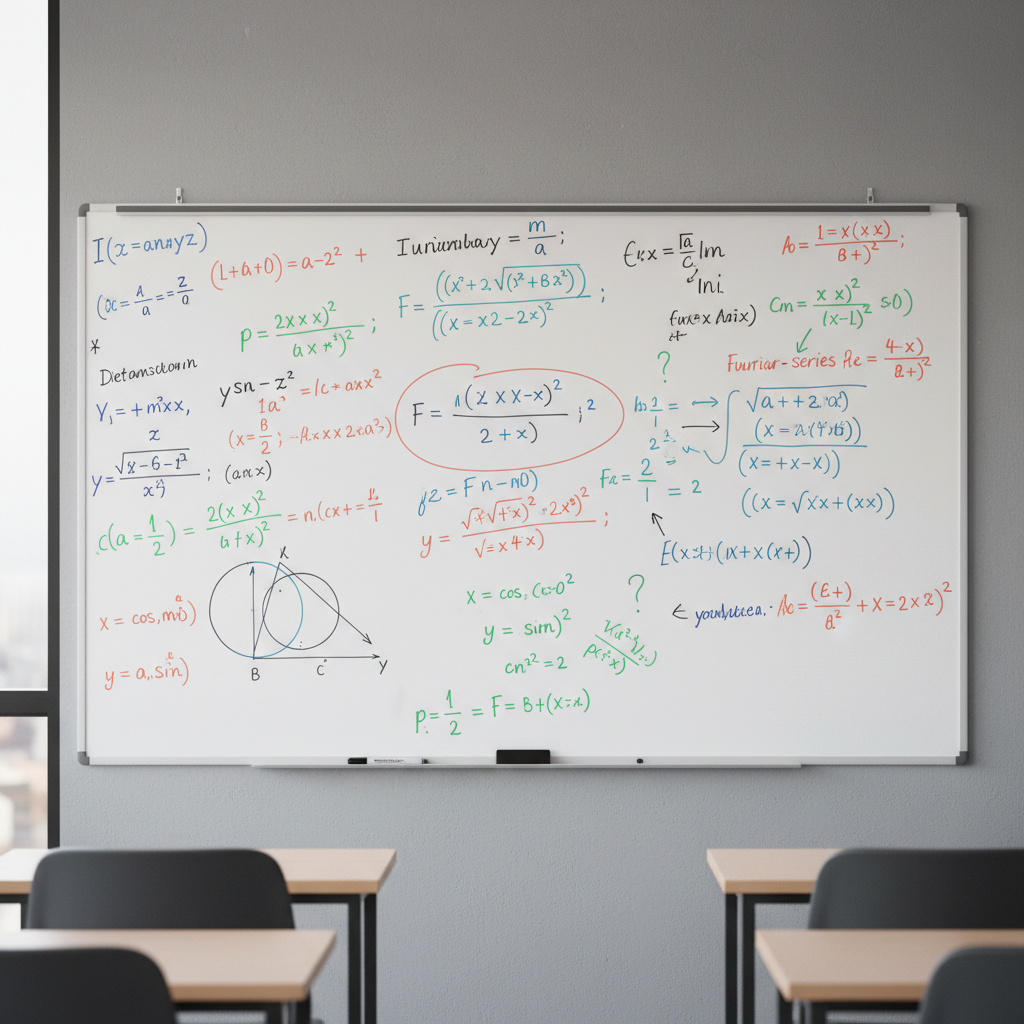Mathematical equations and formulas written on a whiteboard