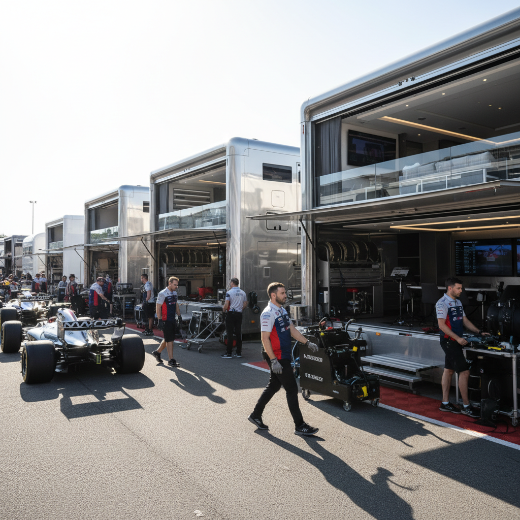 Formula racing team paddock build with transporter trucks and team motorhome being assembled