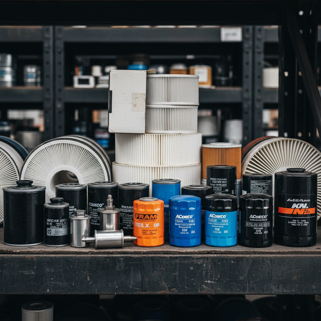 Row of automotive oil filters and air filters on a dark industrial shelf, clean organized arrangement