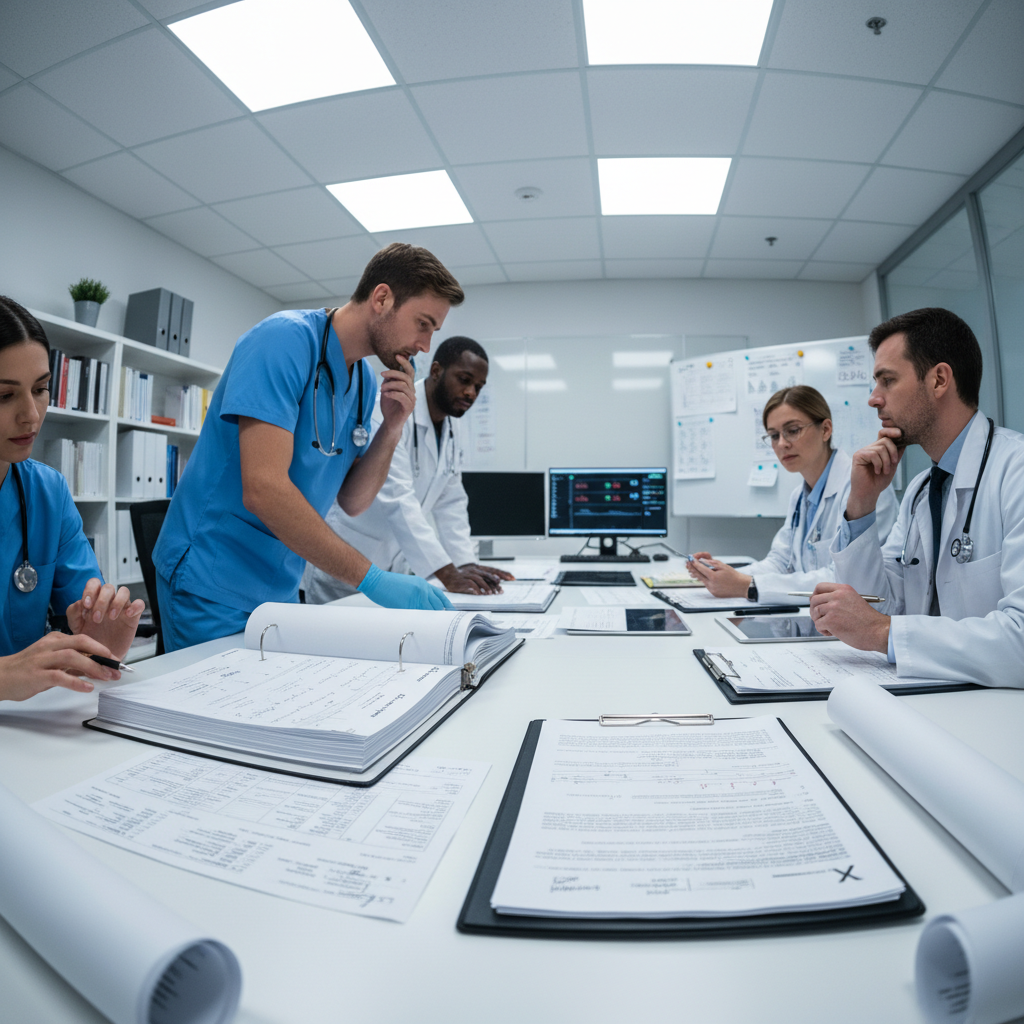 Medical team reviewing cerebrovascular imaging in hospital neurology department, professional clinical setting