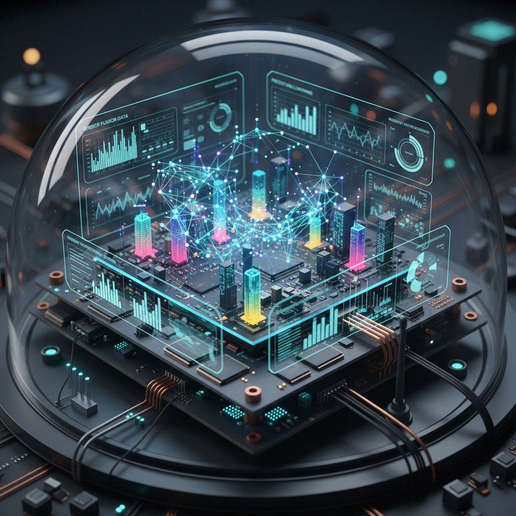 Dark futuristic data visualization with glowing blue circuit patterns and abstract digital landscape deep shadow atmosphere