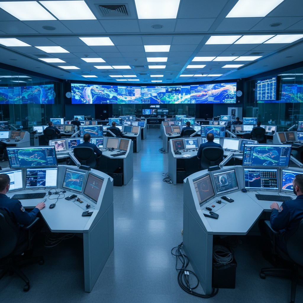 Security operations center with surveillance monitors and access control systems, dimly lit professional workspace, atmospheric dark blue lighting
