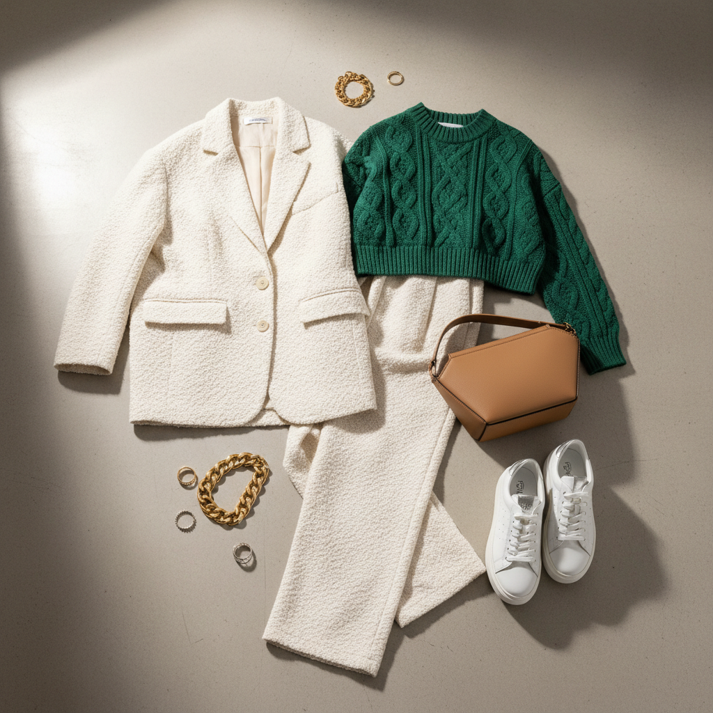 Blazer flat lay on cream surface, styled with accessories, fashion lookbook
