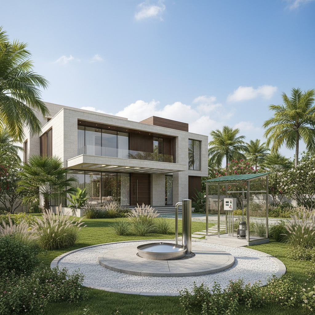 Immaculate luxury villa garden with manicured tropical landscaping, stone pathways, lush greenery and ornamental water feature
