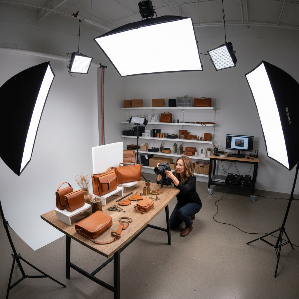 Seller photographing items for auction listing, bright studio setting, e-commerce product photography