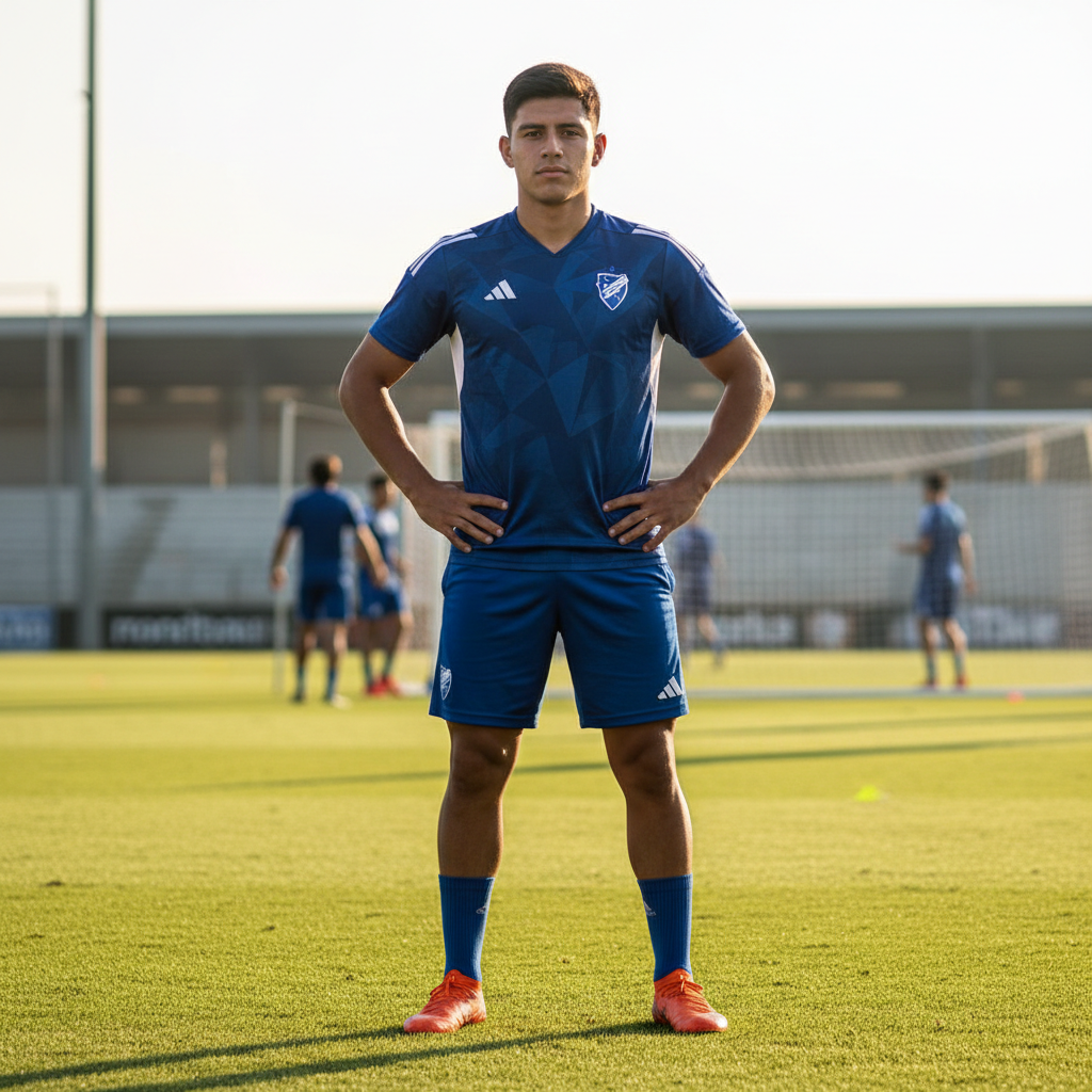 Young Latino male soccer player Marcus Rivera in training kit, confident expression