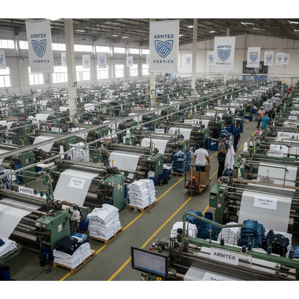 Textile mill with colorful fabric production and weaving machines