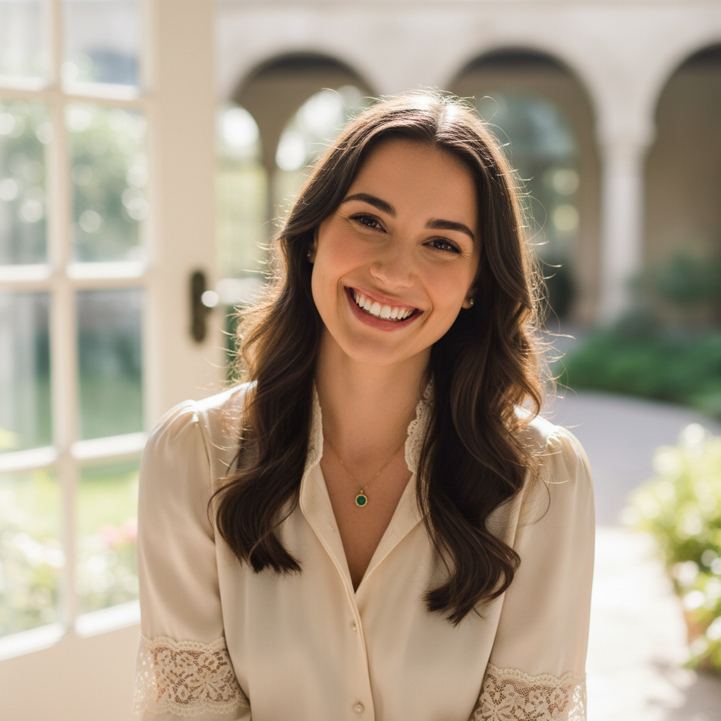 Young British woman with warm smile in elegant attire