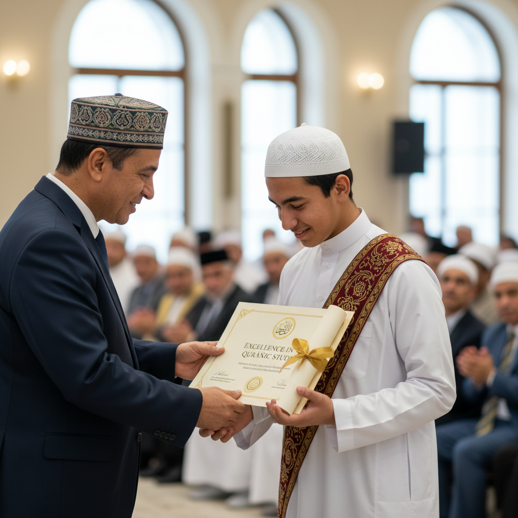 Student receiving award trophy at international science competition ceremony