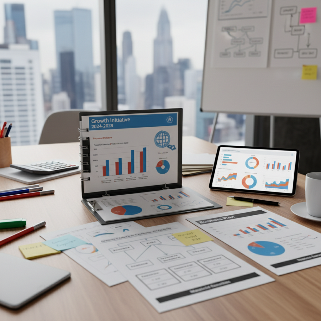 Business professional reviewing strategic documents with charts and graphs on modern desk