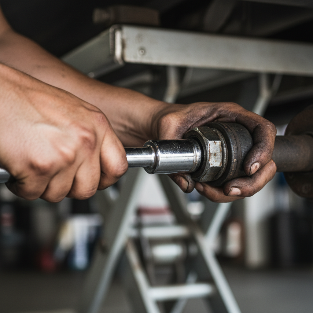 Mechanic hands torquing a rear axle nut, socket wrench mid-turn, knuckles greased, lift rack in background bokeh