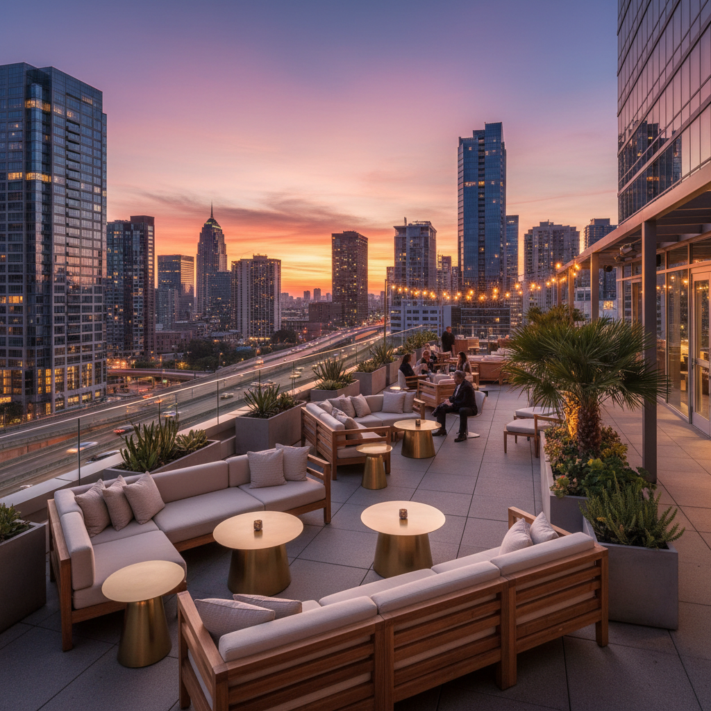 Hotel rooftop lounge with modular teak sectional sofas and brass accent tables overlooking city skyline at dusk