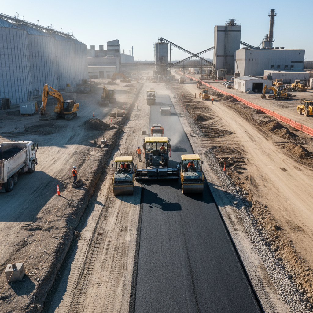 Full-depth road reconstruction at industrial facility with heavy machinery and fresh asphalt layers visible