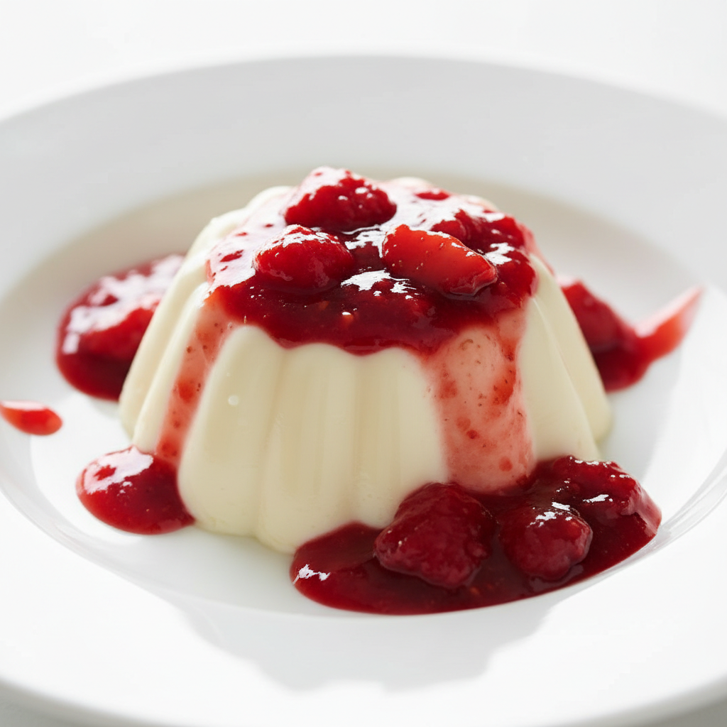 Elegant panna cotta with mango coulis on white plate, minimal plating