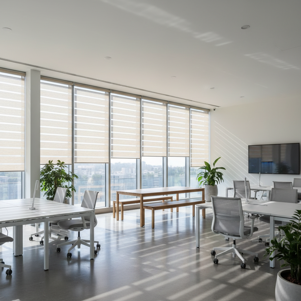Contemporary office space with solar shades managing light and privacy