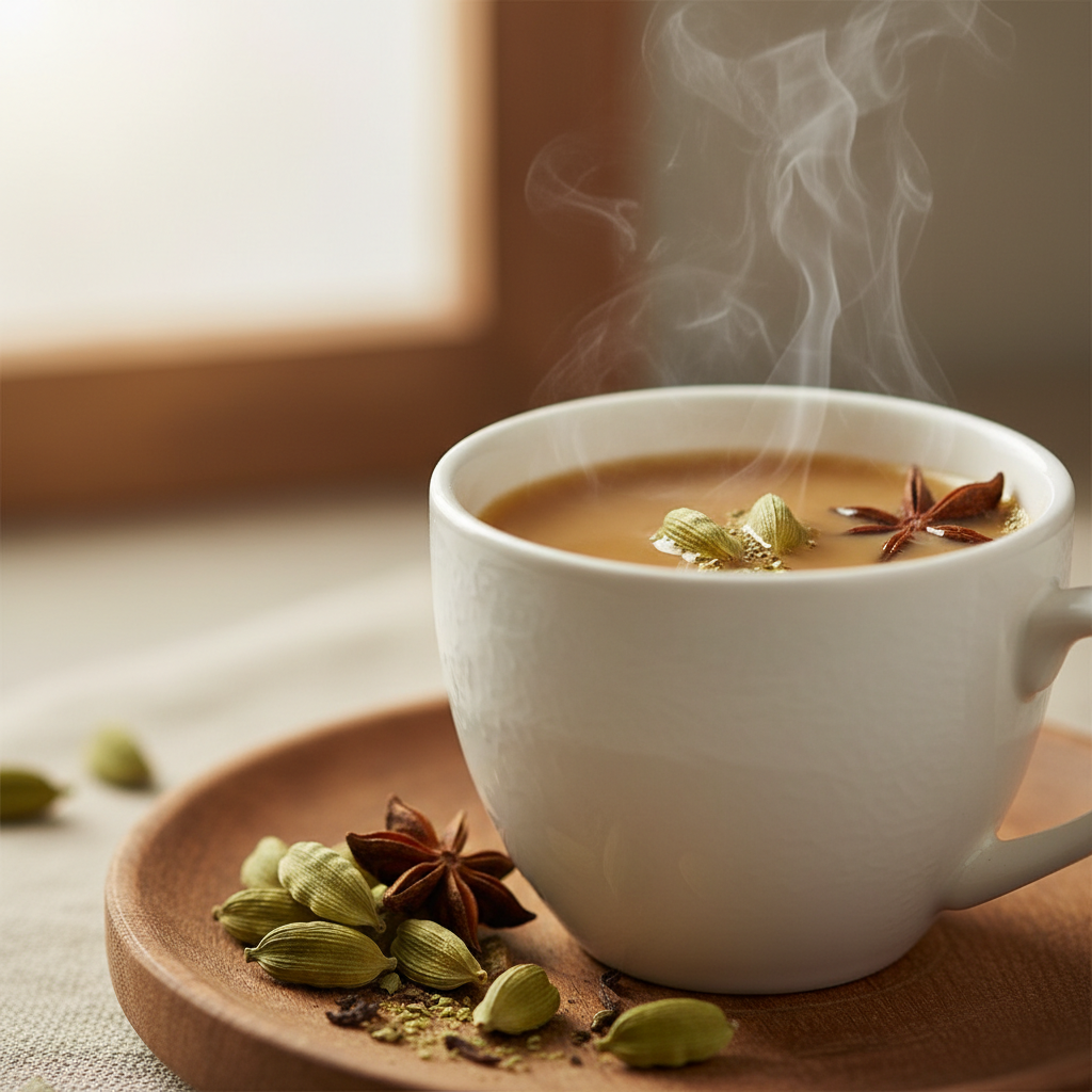 Steaming cup of spiced ginger tea with cardamom pods on a saucer