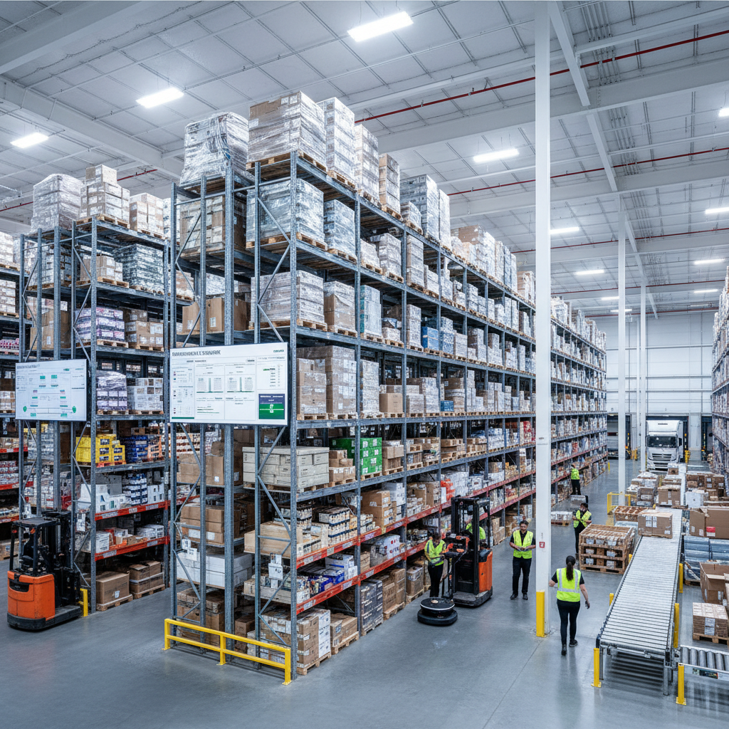 Trabajadores operativos en bodega oscura realizando picking, estantes industriales con cajas, ambiente de trabajo nocturno con iluminación de techo