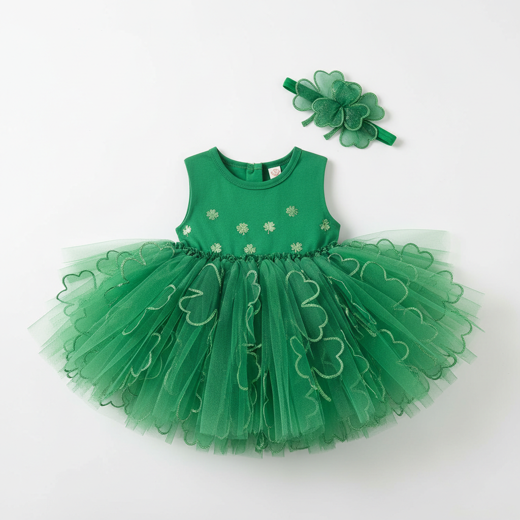 Green clover-shaped tutu dress for toddlers with matching headband