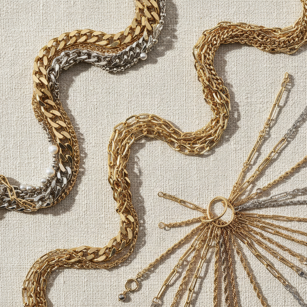 Gold necklace with small pendant lying on white textured linen, bright natural light, open airy product photography