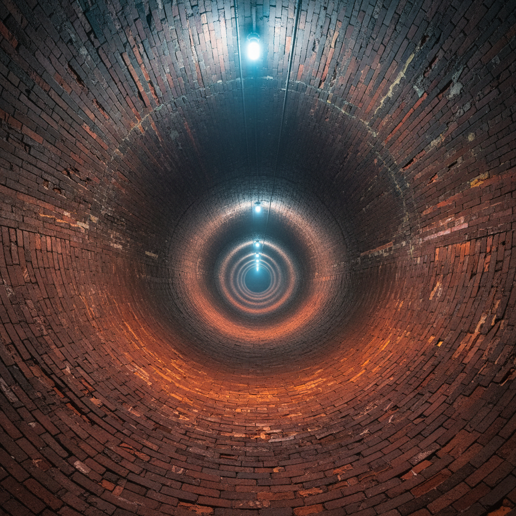 Rotary cement kiln interior viewed from end, circular brick lining pattern, dim industrial lighting with warm glow from heated walls