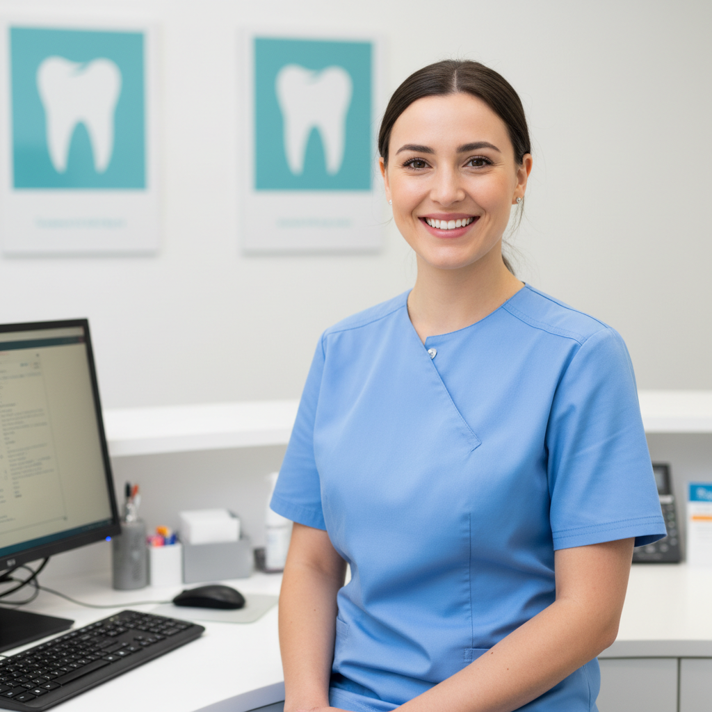 Friendly dental receptionist welcoming a new patient at front desk