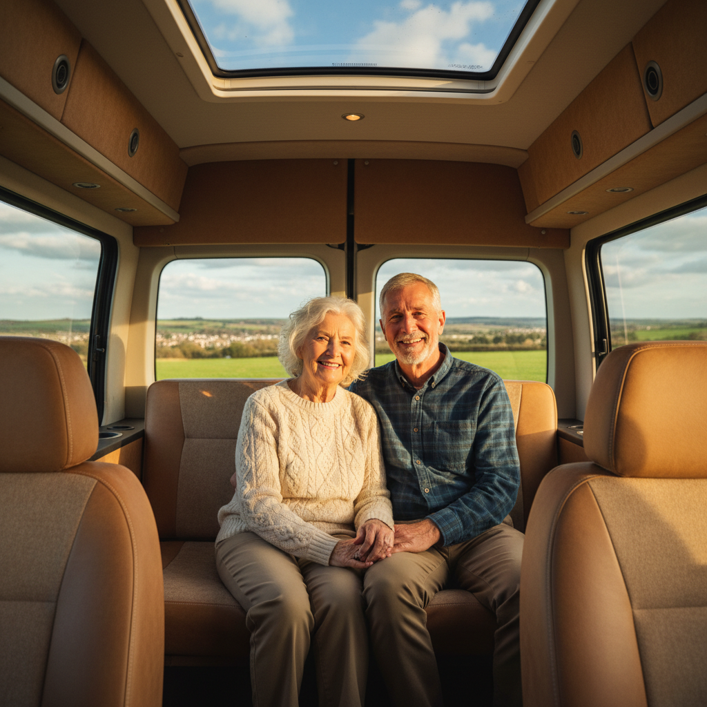 Senior couple smiling in back of transport vehicle
