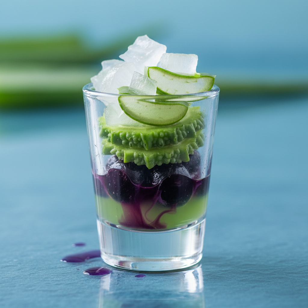 Dark purple jamun bitter gourd aloe vera blood sugar control shot glass with fresh ingredients blue tinted surface
