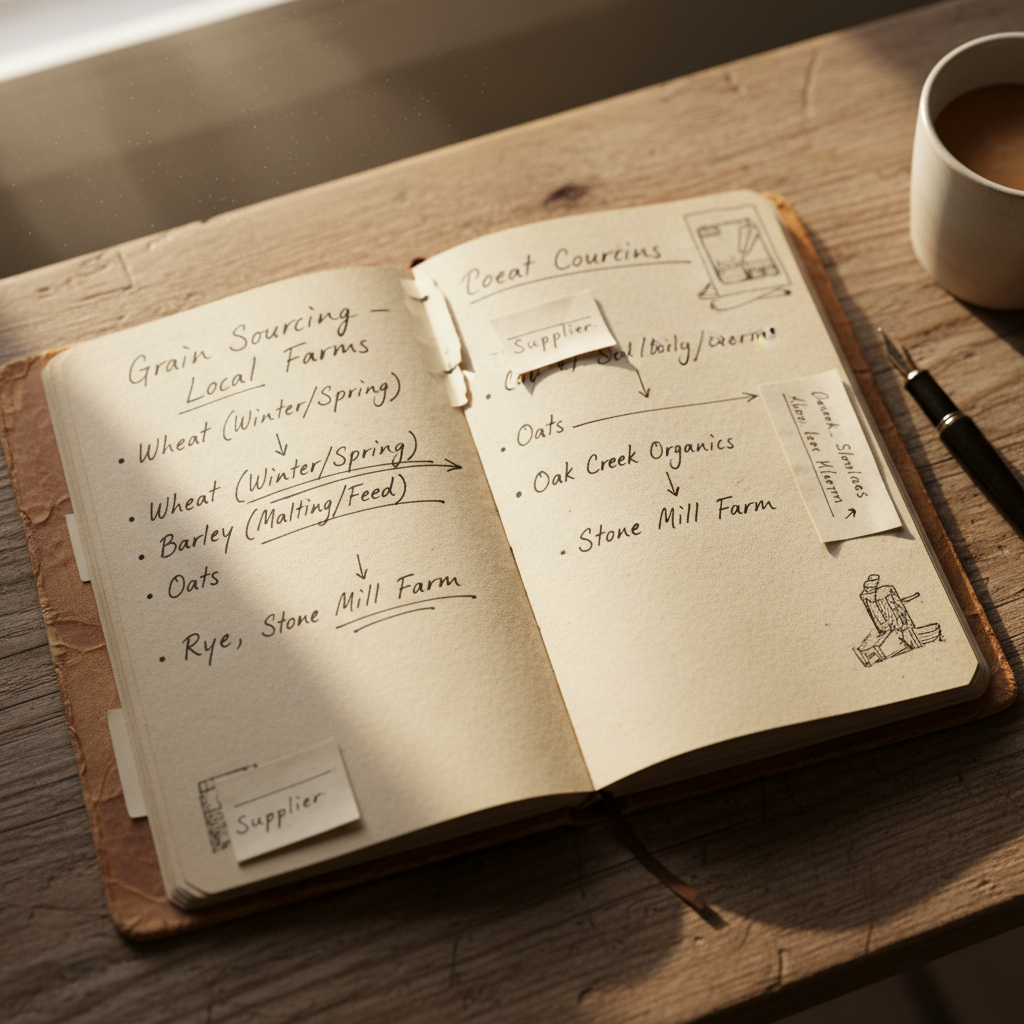 Worn notebook open on a wooden table with handwritten notes about grain sourcing, morning light coming through a window