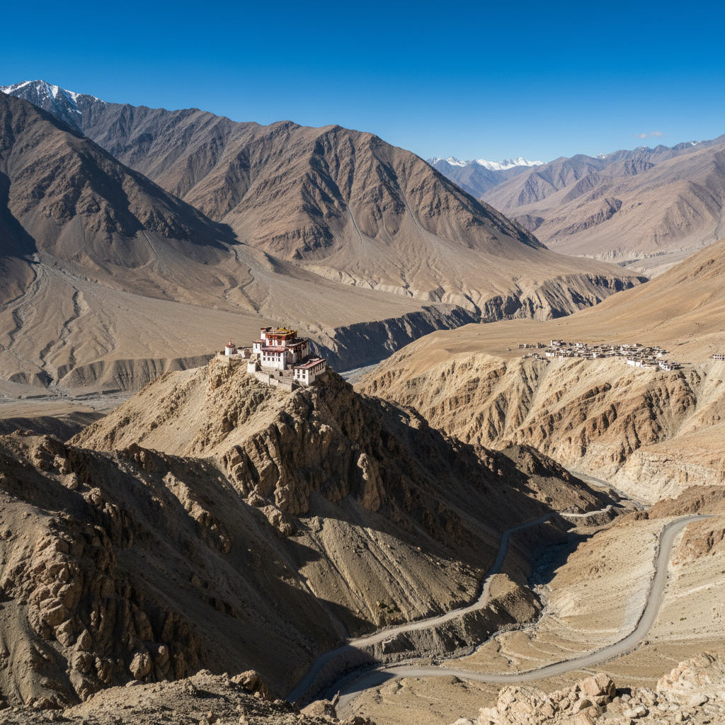 Key Monastery on rocky mountain in Spiti Valley with snow-capped peaks